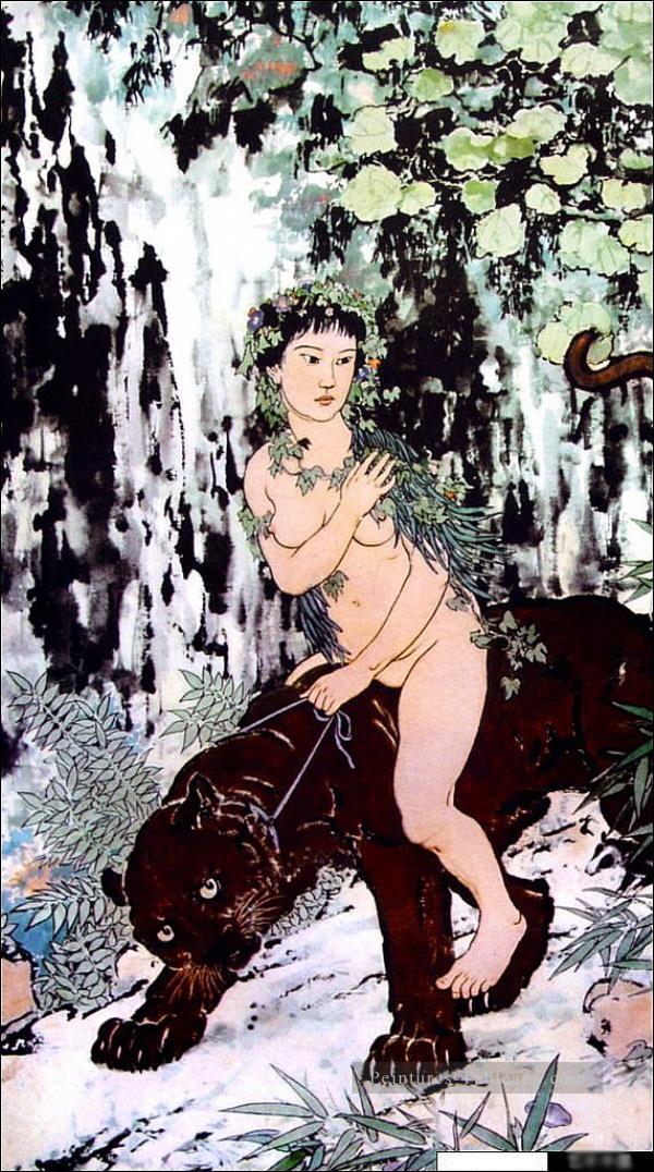 XU Beihong nue sur Lion ancienne Chine à l’encre Peintures à l'huile